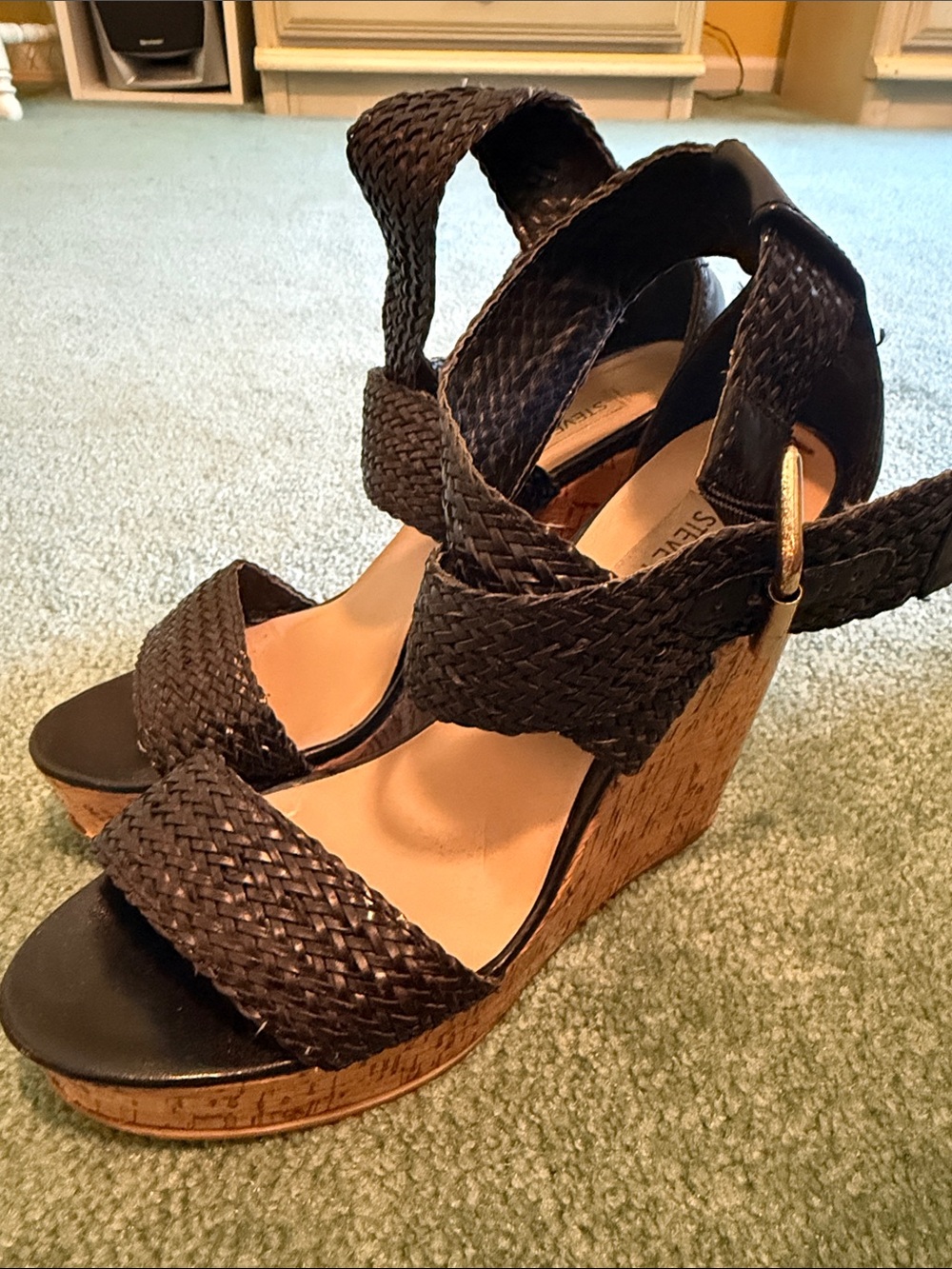 Steve Madden black  Woven Cork Wedge Sandals